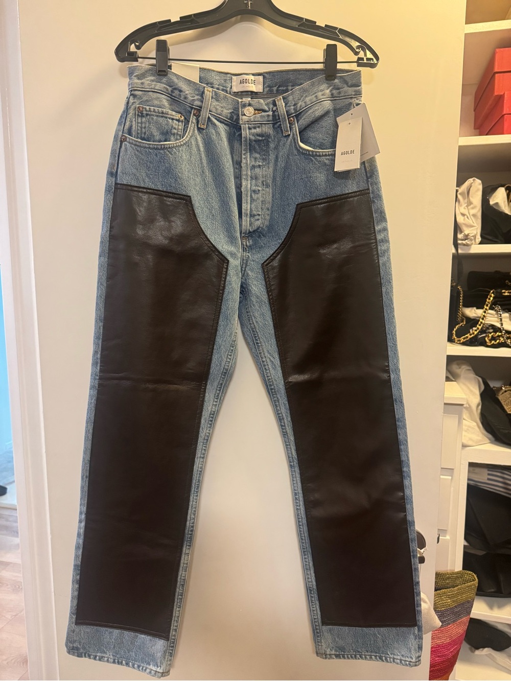 Agolde Blue Denim Jeans with Black Leather Front Panels